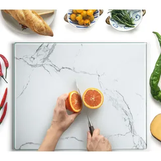 Kitchenville Glasschneidebrett 50×40 cm – Hygienisches Schneidebrett aus gehärtetem Glas – Hitzebeständig, Kratzfest & Rutschfest – Glasplatte für die Küche – Weiße Marmoroptik