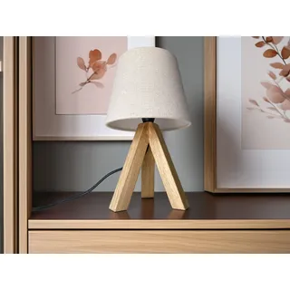Kleine Dreibein Tischlampe mit Holz-fuß & Stoff Lampenschirm Beige, Höhe 27cm