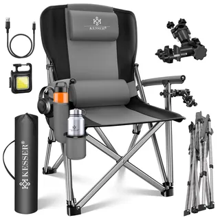 KESSER® Campingstuhl faltbar bis 160 kg | Angelstuhl Faltstuhl Klappstuhl Gepolstert mit Armlehnen | Campinglicht und Getränkehalter + Tasche mit hoher Rückenlehne | Strandstuhl mit Angelhalterung