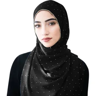 ANKOMINA Damen Weicher Chiffon-Schal mit Strass – Langer Modeschal, Muslimischer Hijab, Kopftuch, Schwarz, Einheitsgröße
