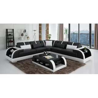 Ledersofa Wohnlandschaft Garnitur Design Modern Ecke Sofa U-Form mit USB & Licht - Beige