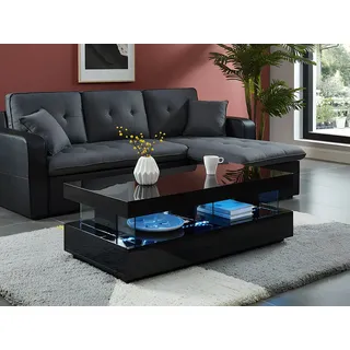 Couchtisch mit 2 Schubladen + 2  Ablagen + LEDs - MDF lackiert - Schwarz - FABIO