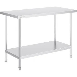 Vevor Kommerzieller Edelstahltisch 122 x 61 x 86 cm, Edelstahl Zweilagiger Arbeitstisch Zerlegetisch Gastro 150 kg + 100 kg Tragfähigkeit, Gewerbe Küchentisch, Höhenverstellbarer Zubereitungstisch