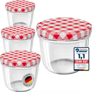 WELLGRO 6x Einmachgläser mit Schraubdeckel, 230 ml Einmachglas Klein, Marmeladengläser Rot Karierte, Kleine Gläser mit Deckel To 82, Einweckgläser Made in Germany, Schraubgläser Stückzahl: 6 Stück