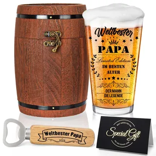 Joybble Papa Geschenke, Geschenke für Männer Personalisierte Bierglas mit Gravur, Papa-Bierglas in Fassbox 470ml, Geschenk zum Vatertag Geburtstagsgeschenk, Lustige Geschenk mit Grußkarte