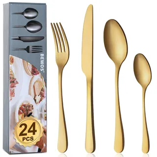 BEWOS 24 Stück Besteck Set, Matt Gold Essbesteck Set für 6 Personen, Besteck Edelstahl Spiegelpoliert, Messer Gabel Löffel Set, spülmaschinenfest