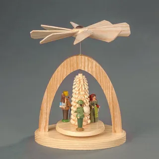 Weihnachtspyramide ALBIN PREISSLER "Wärmespiel mit Förster, Reisigfrau und Waldarbeiter", beige (natur), B:11cm H:13cm T:7cm, Massivholz, Weihnachtspyramiden, Weihnachtspyramide, Handwerkskunst aus dem Erzgebirge, Weihnachtsdeko aus Holz