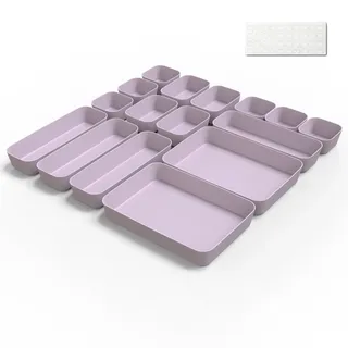 Schubladen Organizer Box Organizer Schubladen Ordnungssystem 16Stk Küche Badezimmer Kosmetik Gewürz Aufbewahrung Organisation Drawer Kunststoff Büro Schreibtisch Trenner mit Silikonmatten(Hellviolett)