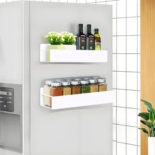 KedioPio Magnetisches Regal Kühlschrank Weiß, 2 Stück Magnetisches Gewürzregal Kühlschrank mit 4 Haken, Magnet Regal Gewürzregal Magnetisch für Küche Aufbewahrung und Organisation, Weiß