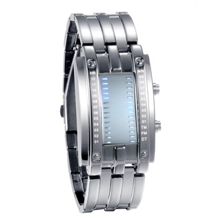 JewelryWe Paar Uhren Digitaluhr Silber Edelstahl Binäre Uhr Rechteck Bezel LED Sportuhr Blau LED Licht Kalender Mode Cool Partner Armbanduhr für Herren