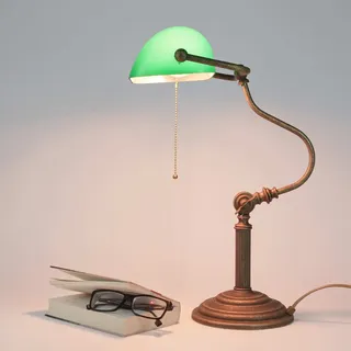 Bankerlampe Messing Glas Schreibtischlampe Jugendstil Bronze Grün Zugschalter