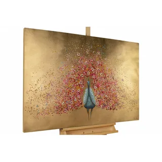 KUNSTLOFT Acrylgemälde 'Goldener Blütenpfau' 120x80cm | 100% handgemaltes Leinwandbild | Pfau in Gold Rosa | signiertes Unikat mit Echtheitszertifikat