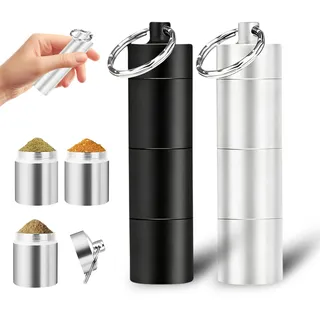 2 Pcs Mini Salzstreuer Schlüsselanhänger Gewürze Tragbar, Reisegewürzset Salz Schlüsselanhänger Wasserdichte Aluminium mit Deckel für Reisen Zuhause Outdoor Picknick Küche Kochen (Schwarz/Silber)