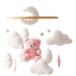 Herfair Mobile Baby Bettglocke mit Teddybär Hölz Mädchen Hängende Mobile Windspiel für Babybett Kinderbett (Rosa Teddybär)