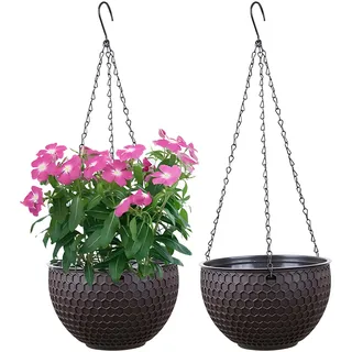 YuanDiann Hängende Blumentöpfe 2er Set, Selbstbewässerung Hängepflanztöpfe mit Wasserspeicher & Ablaufloch Bienenwabe Blumenampel mit Rostfrei Ketten für Innen Außen Decken Balkone Deko Beige S