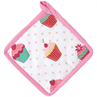 Homescapes Topflappen Cup Cakes, rosa weiß ca. 20 x 20 cm, Untersetzer aus 100% reiner Baumwolle mit Polyesterfüllung, waschbarer Topfuntersetzer