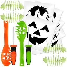 com-four® 48-teiliges Set zum Aushöhlen und Schnitzen von Kürbissen zu Halloween - mit Kürbislöffel, Schnitzmesser, Schnitz-Vorlagen und Kunstzähnen (48-teilig - mit Zähnen)