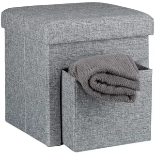 Relaxdays Faltbarer Sitzhocker, Leinen, Aufbewahrungs-Fach, abnehmbarer Deckel, Sitzwürfel, HBT 38 x 38 x 38 cm, grau