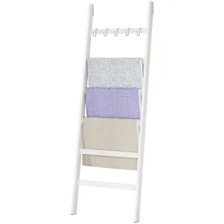 Yorbay Handtuchleiter Bambus 6 Sprossen: Kleiderleiter mit 2 Sturzsicherheitsriemen und 5 Haken - Deko Handtuchhalter Leiter für Badezimmer Schlafzimmer Pool HxB 170 x 60 cm (Weiß)