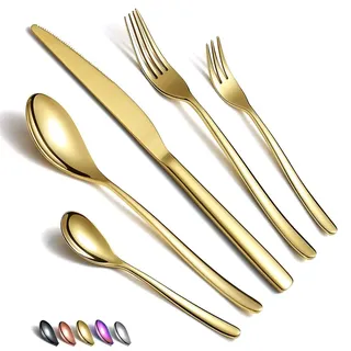 HOMQUEN 30 Stück Gold Besteck Set, GoldBesteckset aus Edelstahl, GoldTitanbeschichtung, Utensiliensets Service-Set für 6(Gold Glänzend)