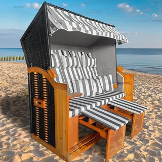 Strandkorb Ostsee 3-Sitzer XL für 2-3 Personen | 155cm breit | 2 Designs | Tragkraft bis zu 500kg | verstellbare Rückenlehne | Grau/Weiß - gestreift