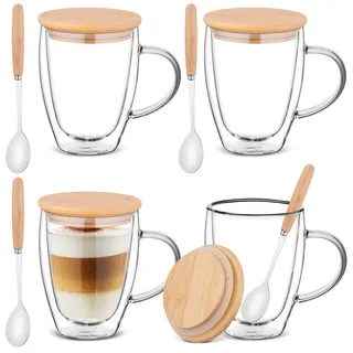Doppelwandige Kaffeetasse, 4 x 350 ml Espresso Gläser mit Deckel aus Borosilikatglas, Espressotassen Set, Latte Macchiato Gläser für Eiskaffee/Heißgetränke/Tee/Cappuccino/Latte