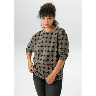Sweatshirt ANISTON PLUS, Damen, Gr. 44, beige (beige, schwarz), Single Jersey, Obermaterial: 95% Baumwolle, 5% Elasthan, bedruckt, figurumspielend Po-bedeckend, Rundhals, Rippbündchen, Sweatshirts Sweatshirt, mit großflächigem, Pünktchendruck
