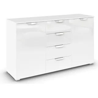 Rauch Möbel Glamour by Aditio Kombikommode, Kommode, Sideboard, Schubkastenkommode, 2-türig, 4 Schubkästen, Soft-Close, Farbe Hochglanz Weiß/Alpinweiß, 140x81x42cm