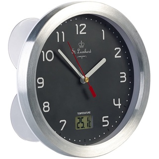 St. Leonhard Bad-Wanduhr: Badezimmer-Wanduhr mit LCD-Thermometer, Aluminium-Rahmen, IPX4, Grau (Wanduhr Saugnapf, Moderne Wanduhr, wasserdicht)