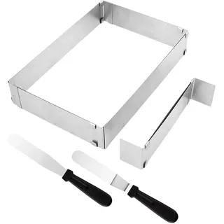 Tinsellns Verstellbarer Backrahmen Rechteckig/Eckig, Edelstahl Tortenring 5 CM hoch mit 2 Spateln – Ideal für Kuchen, Torten & Pizza Backen