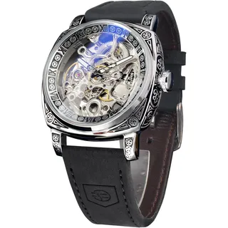 FORSINING Fancy Uhren für Männer, quadratische Retro mechanische Uhr Self-Wind geschnitzt, Gear Uhrwerk Golden Skelett Luxus Automatische Uhren Vintage Lederarmband Armbanduhr (Schwarz)