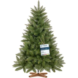 FairyTrees Künstlicher Weihnachtsbaum 120 cm FICHTE Natur Kunsttanne | Künstlich Tannenbaum naturgetreu, inkl. Holzständer, Made in EU, Klassische Form, Grüner Stamm, Christbaum, Klein, FT01