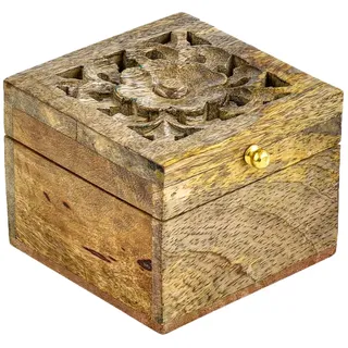 Marrakesch Aufbewahrungsbox mit Deckel aus Holz Lounes 10cm groß | Boho Deko Schmuckkästchen zur Schmuckaufbewahrung | Massive Holzbox handgeschnitzt Ideal als Geschenkbox Geschenke für Frauen