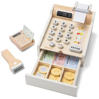 woet New Classic Toys Registrierkasse, inkl. Spielgeld, Scanner und Bankkarte, Zubehör für Kaufladen, aus Holz, Weiß