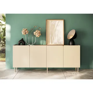 OTTO home Sideboard "Dobbiaco, 202 cm breit, 4 Türen, Anrichte, Kommode, Stauraumschrank" Innenliegendes Top, gerade Metallfüße, Tür mit Rundung, talco spatolato, top eiche lindberg dekor