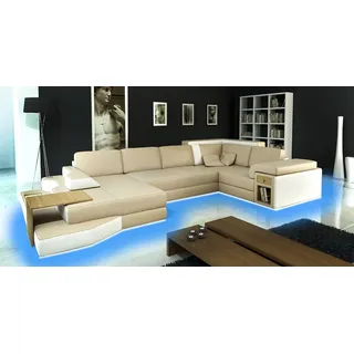 XXL Design Big Sofa Ecksofa Couch Wohlandschaft U Form Leder Textil Ecke mit USB - Beige