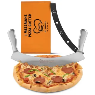 Les Plaisirs Du Chef – Extra scharfer Pizza Schneider/Pizzaschneider aus Edelstahl | Großes Wiegemesser 30,5 cm mit Doppelgriff | Pizzamesser & Pizza Cutter – Praktisches Pizza Zubehör