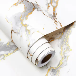 FunStick 40CM×6M Möbelfolie Weiß Marmor Tapete Selbstklebend Weiss Gold Klebefolie Möbel Küche Marmor Folie Arbeitsplatte Küchenfolie Weiß Gold PVC Möbelfolie Selbstklebend Küche Schrank Wohnzimmer