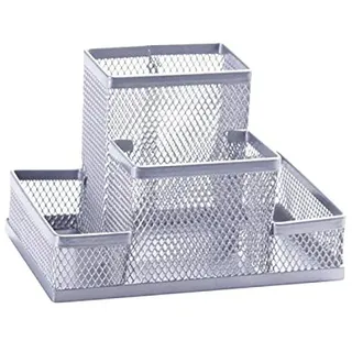 Q-CONNECT KF15113 Schreibtisch-Organizer 4 Fächer/aus Lackiertem Metallgeflecht/Silbern/Schreibtischorganizer/Mesh Metall Büro-Organizer Desk Organizer/mit Gummifüßen/ 15,3 x 10,3 x 10,0 cm