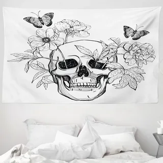 ABAKUHAUS Totenkopf Wandteppich, Schädel Schmetterlinge aus Weiches Mikrofaser Stoff Waschbar ohne Verblassen Digitaldruck, 230 x 140 cm, Schwarz und weiß - Schwarz