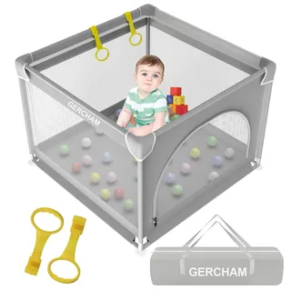 GERCHAM Laufstall Baby 90x90cm Laufgitter Baby mit Sicherheitstür, Baby Laufstall Faltbar für Apartment, Kleines Laufstall, Laufgitter mit Atmungsaktivem Netz und Rutschfeste Basis,Playpen Baby Grau