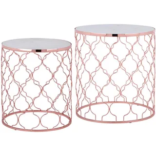 Womo-Design Beistelltisch 2er Set rund Ø40/Ø45 cm, Weiß Marmor/Kupfer , Metall , 40x45x45 cm , Wohnzimmer, Wohnzimmertische, Beistelltische
