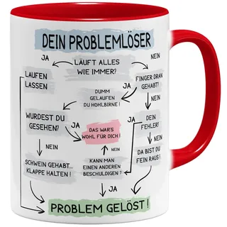 OM3® lustige Problemlöser Kaffee-Tasse mit Spruch - Problemlösung auf der Arbeit - Flowchart Diagramm - Keramik Becher - 11oz 325ml - Beidseitig Bedruckt - Rot