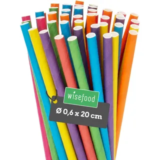 Wisefood® Strohhalme Papier [20 cm Ø 6] Party Deko [bunt] alternative Strohhalme Plastik-frei für Geburtstag Hochzeit DIY [100 Stk.] für Cocktail Getränke Cola Energy Drink Wasser Limo BIO