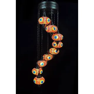9-globige Hängelampe aus Mosaikglas in Multicolor - Türkische Hängelampe mit 9 Mosaikglaskugeln - Orientalische Deckenleuchte - Bunt