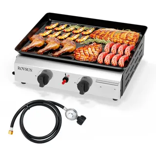 ROVSUN Gasgrill Camping Gas Grill Camping Gasgrill Tischgrill aus Edelstahl, mit 2 Brennern, 4,8 kW, Emaillierter Antihaft-Grillplatte & Ein-Klick-Zündung für Camping, Garten & Strand, 44x39x16 cm