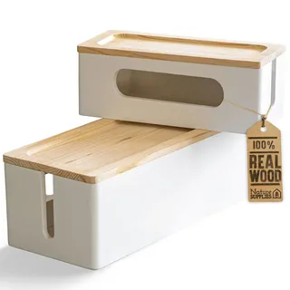 Nature Supplies Set mit 2 Kabelboxen aus Kiefernholz - 1 Klein Kabelbox als Schreibtisch-Organizer, 1 Große Box für den Boden für Kabelorganisation (Weiß)