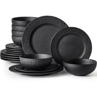 HIKAA Steinzeug Geschirrset Schwarz 6 Personen, 18-Teiligs Matte Teller Set, Hochwertiges Tafelservice Mikrowellen und Spülmaschinenfest, Kombiservice für Familienessen, Restaurants, Geschenke
