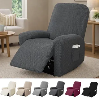 Hengrongshen 1-Sitzer Sessel Überzug, Sesselbezuge Stretch mit Taschen, All-Inclusive Streifen-Jacquard Sesselschoner für Fernsehsessel Relaxsessel Sesselhusse (Dunkelgrau, 4-Teilig)