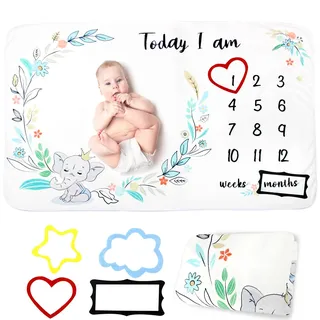 Baby Meilenstein Decke,Monatsdecke Baby Junge & Mädchen,Monats Fleece Matte Unisex Blumen und Blattelefant Tierbedrucktes Wachstum Decken mit 4 Filz Fotorahmen Neugeborene Baby Decke(100x150cm)